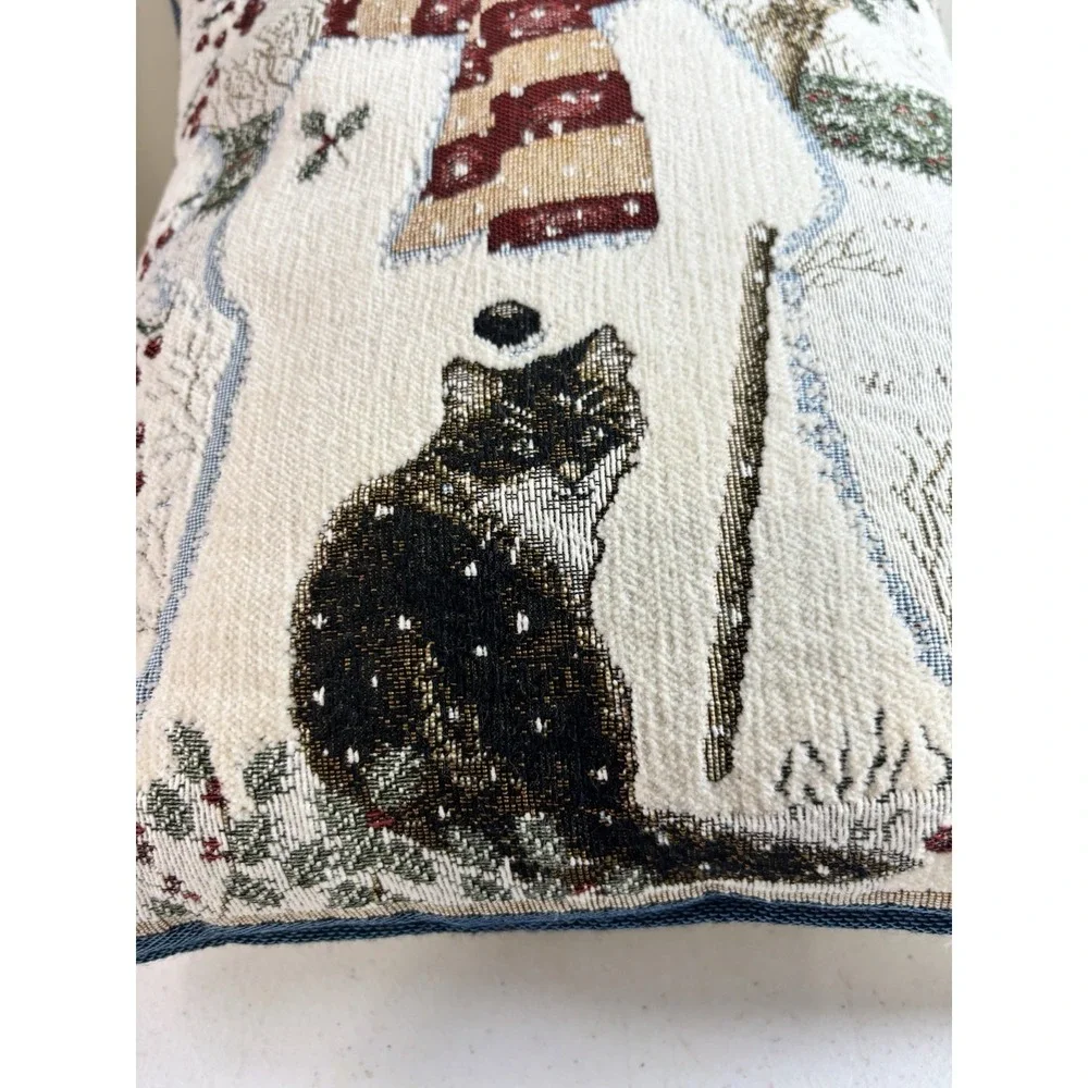 Vintage Holiday Winter Snowman Pillow Tapestry Cat Kitten Anne Mortimer 12
